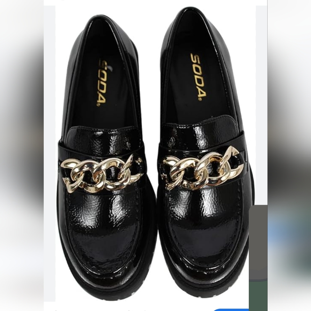 Soda Black Patent Loafers with Gold Chain Accent